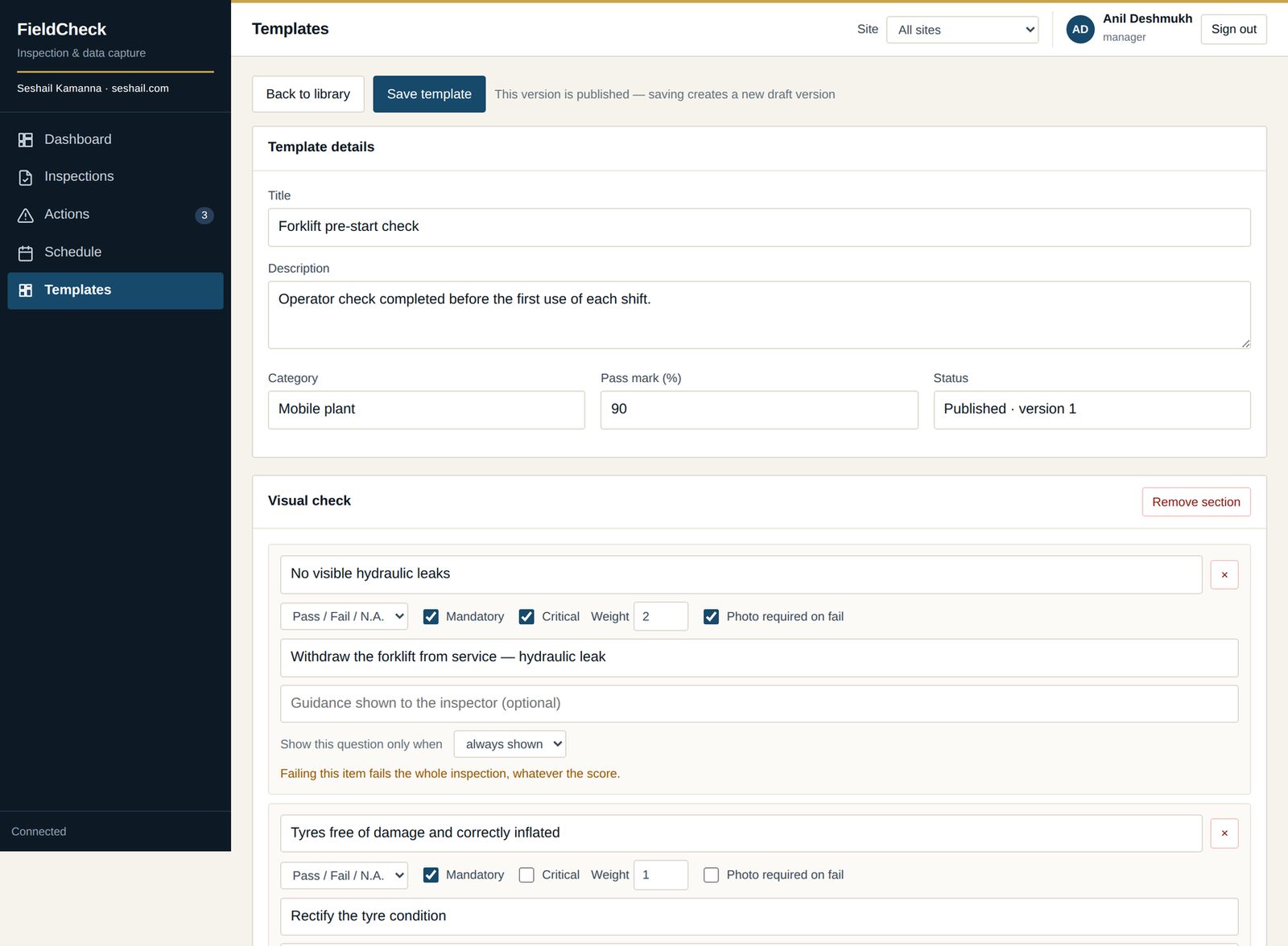 Template builder. Publishing freezes the version.